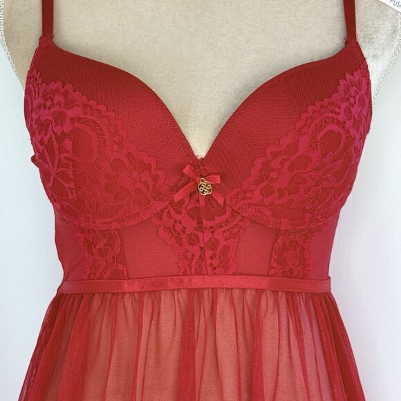 Daisy Fuentes Babydoll Red Chiffon Lace Size M Lingerie Festival Slip Dress Sexy - Picture 4 of 16
